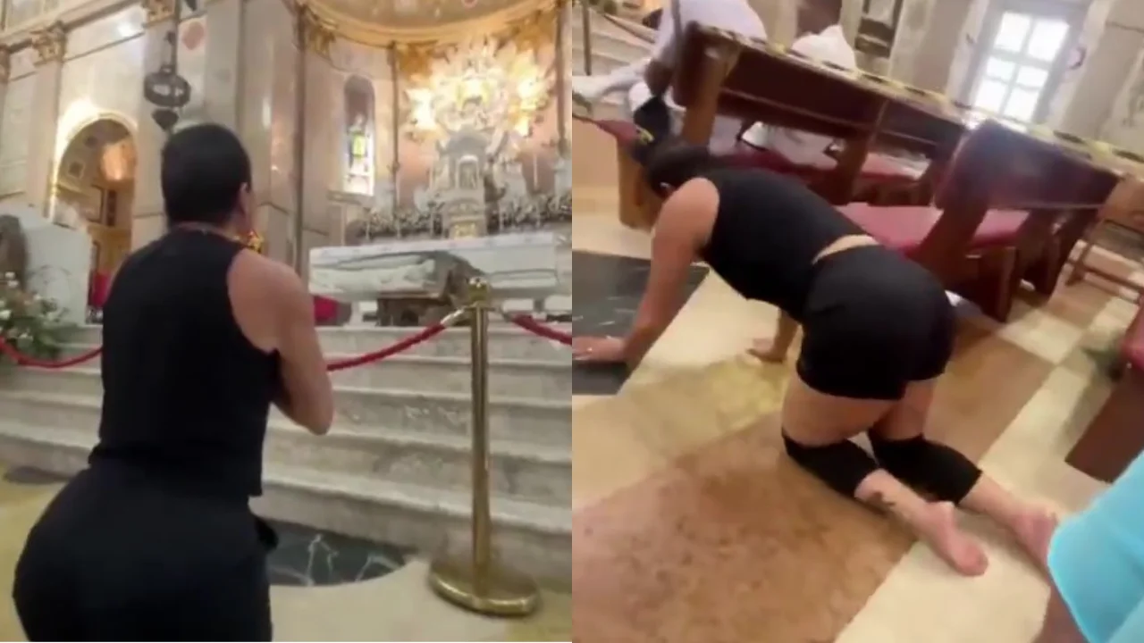 Gretchen entra de joelhos em igreja durante o Círio de Nazaré para agradecer cura de linfedema